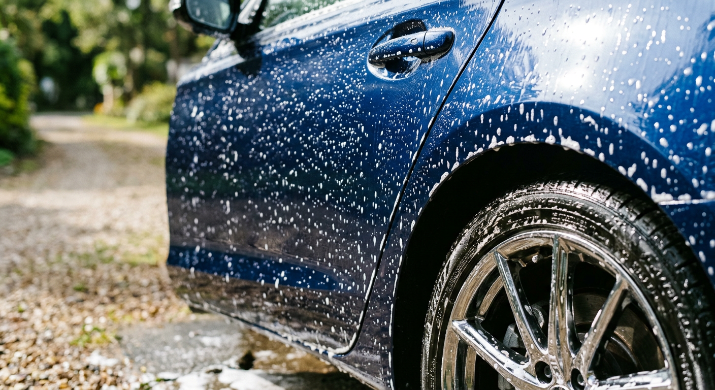 Close-up of a clean car door and wheel with water beads